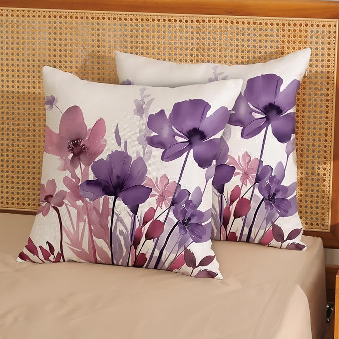 Floral Pillow Covers 18x18 Inches Set of 2 Pink Purple Floral Throw Pillow Covers Outdoor Rustic Spring Summer Flower Decoration Pillowcase Farmhouse Decorative Cushion Cover for Home Couch
