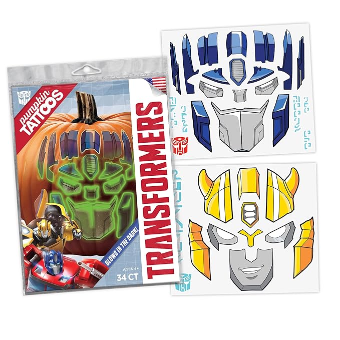 Transformers Pumpkin Decorating Tattoos – No Carve Halloween Pumpkin Kit | Includes Autobots & Decepticons Designs, Easy to Apply, Mess-Free, Kid-Friendly, Officially Licensed