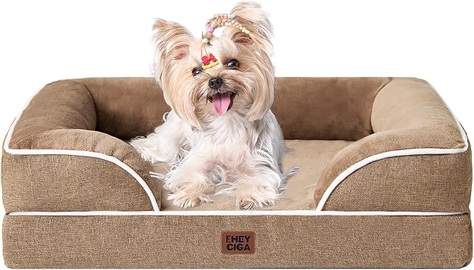 EHEYCIGA Orthopedic Small Dog Bed, Waterproof Memory Foam Washable Pet Beds | Non-Slip Bottom and Egg-Crate Foam Medium Pet Couch Bed with Washable Removable Cover, Camel