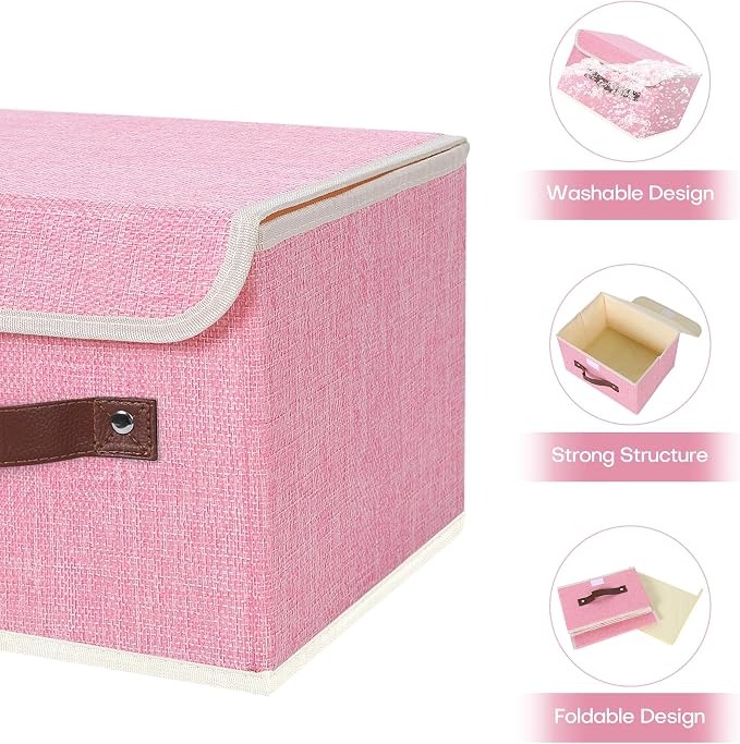 ANMINY Fabric Storage Box Bins with Lids, Pink, 10"x8"x7", 4 Pack | Keepsake Memory Storage, Cotton Linen, PP Board Reinforced, Washable, PU Handles, Foldable & Stackable, Decorative, Small