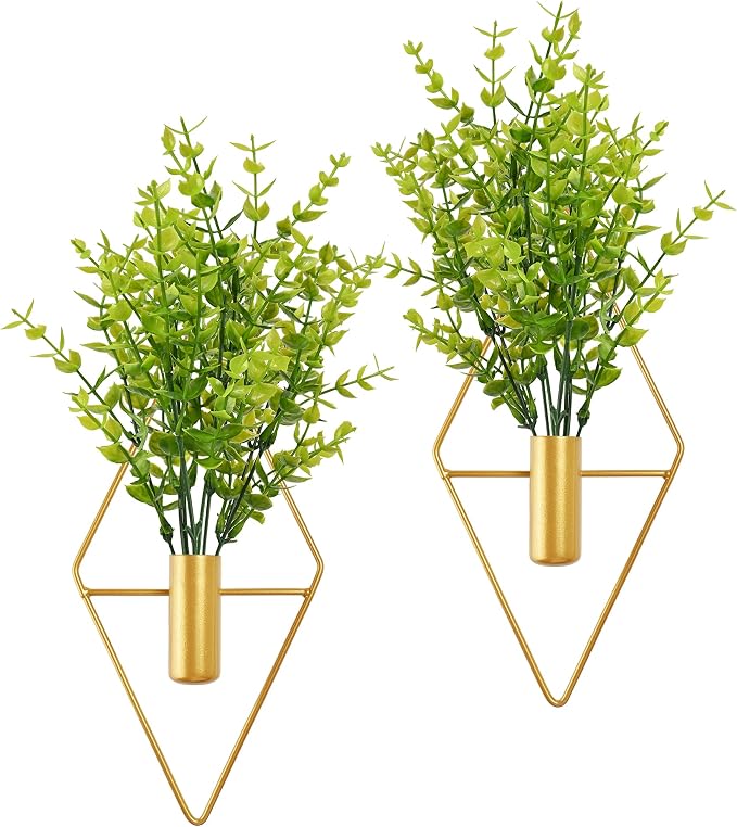 Yorkmills Green Artificial Eucalyptus Plant Wall Decor in Gold Hanging Vase | Diamond Metal Wall Planter Decorations Set of 2, Fake Plant Home Wall Decor for Living Room, Dining Room, Bedroom, Bathroom