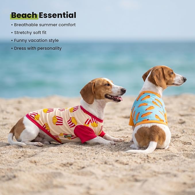 Fitwarm 2 Pack Hot Dogs & French Fries Dog Shirt, Funny Summer Clothes for Small Dogs Boy Girl, Cozy Pet Outfit, Beige, Blue, Small