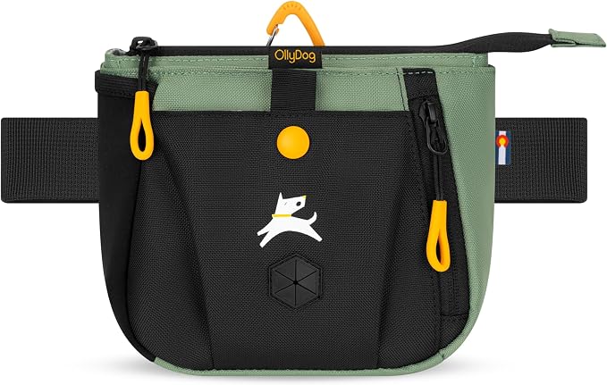 OllyDog Backcountry Day Bag | Dog Training Treat Pouch | Eco-Friendly Recycled Fabric Fanny Pack with Zipper Closure, Built-in Poop Bag Dispenser & Adjustable Waist Belt (Olivine)