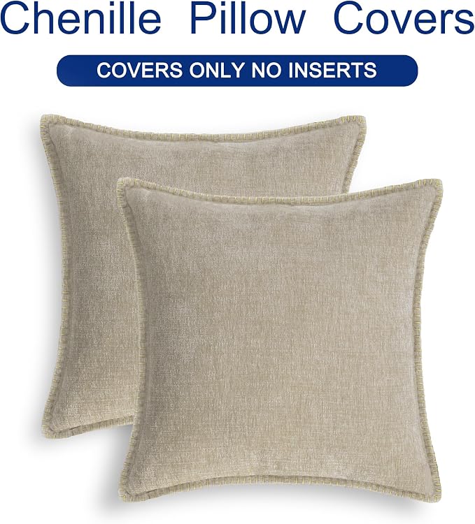 CaliTime Decorative Couch Throw Pillow Covers 26 X 26 Inches Light Taupe | Pack of 2, Cozy Chenille Cushion Cases, Cotton Thread Stitching Edges, for Sofa Bed Living Room Farmhouse