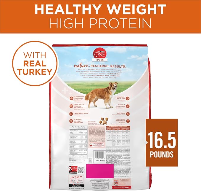 Purina ONE Plus Healthy Weight Dry Dog Food, Real Turkey, 16.5 lb Bag | High protein dog food for weight control with turkey as the first ingredient, helps promote healthy weight and lean muscle