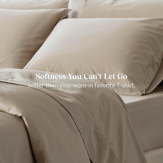Double Stitch Cotton Tencel Sheet - Bed Sheets Set Queen Size, 4Pc Luxury Hotel Bedding Set, Soft, Cooling & Breathable for Hot Sleepers, Deep Pocket Up to 16 Inches, Sandstone