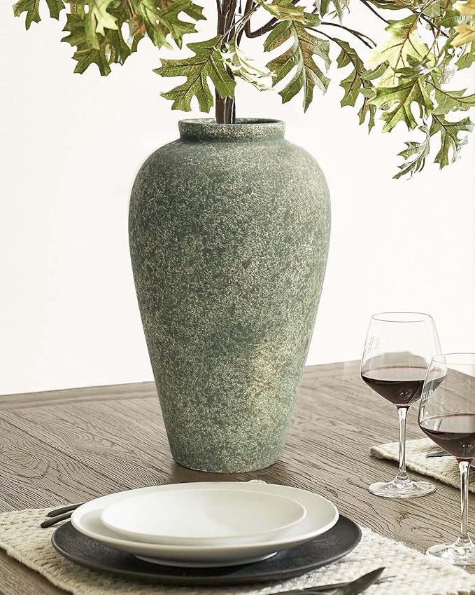 Green Ceramic Vase 11 Inch, Large Tall Decorative Vase for Centerpieces, Farmhouse Rustic Flower Vase for Home Decor, Living Room, Console, Wedding