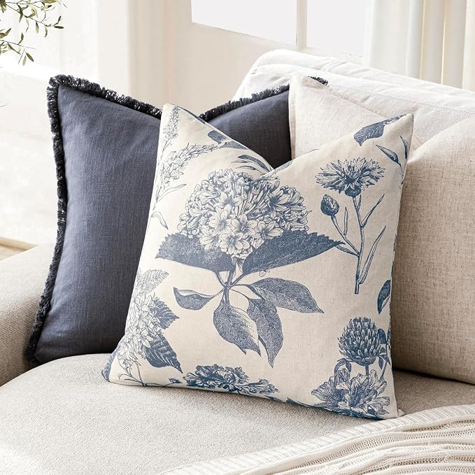 Foindtower Set of 2 Linen Floral Vintage Throw Pillow Covers Neutral Accent Print Decorative Cushion Covers Farmhouse Boho Home Decor for Sofa Chair Couch Bedroom Living Room,24×24 Inch,Blue