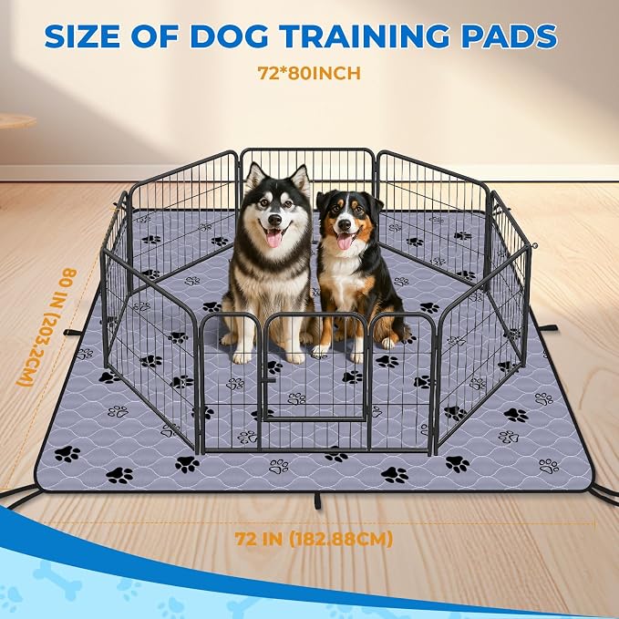 Fostanfly Washable Pee Pads for Dogs, Extra Large 72"x80"-1 Pack, Gray | Reusable Potty Pads, Non-Slip, Leakproof & Absorbent, Pet Mat for Puppy/Senior Dog Whelping Incontinence with 8 Tie Straps