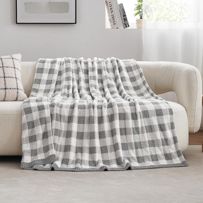 Snuggle Sac Checkered Throw Blanket for Couch, Super Soft, Cozy Warm Knit Decorative Blankets, Reversible Plaid Fluffy Throws for Sofa, Bed, Plaid Grey, 50x60 Inches