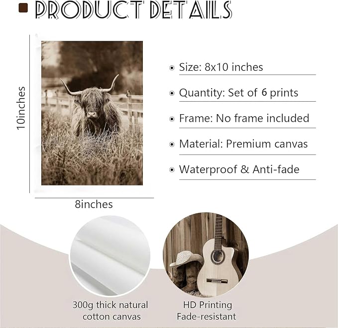 6Pcs Vintage Western Cowboy Wall Art, Highland Cattle Prints, 10" L x 8" W | Rustic Farmhouse Canvas Posters, Country Western Style Wall Decor for Bedroom and Kitchen, Unframed