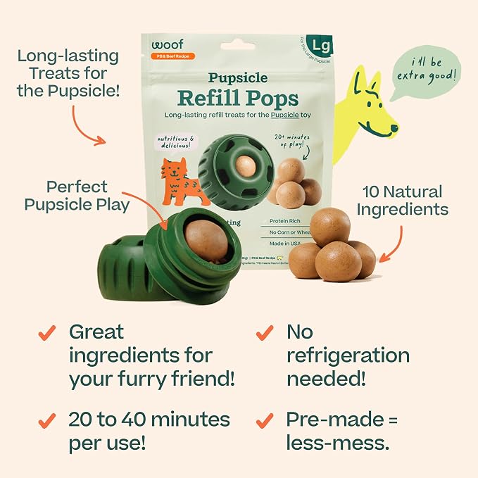 WOOF Pupsicle Peanut Butter & Beef Refill Pops Dog Treats, Large, 7 Count | For large Pupsicles, peanut butter & beef flavor, long-lasting treats, pre-made Pops, wholesome ingredients, shelf stable