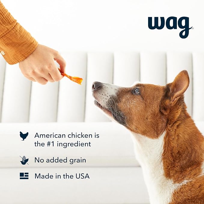 Amazon Brand – Wag Chewy Whole Muscle American Jerky Dog Treats – Chicken & Flaxseed (1 lb), Grain Free