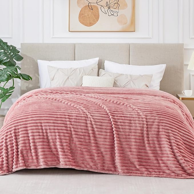 BEDELITE 3D Ribbed Jacquard Pink King Size Blankets for Bed, 108x90 Inch | Soft Warm Decorative Fluffy Blanket, Cozy Fuzzy Lightweight Plush Fleece Throw Blankets for Bed, Room Decor, Gift for Women