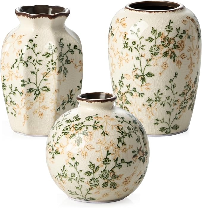 Ceramic Flower Small Vase for Home Decor, Vintage Green Vase Set of 3 | Rustic Farmhouse Floral Vase for Mantel, Coffee Table, Living Room, Kitchen, Bookshelf, Entryway, Wedding Centerpiece