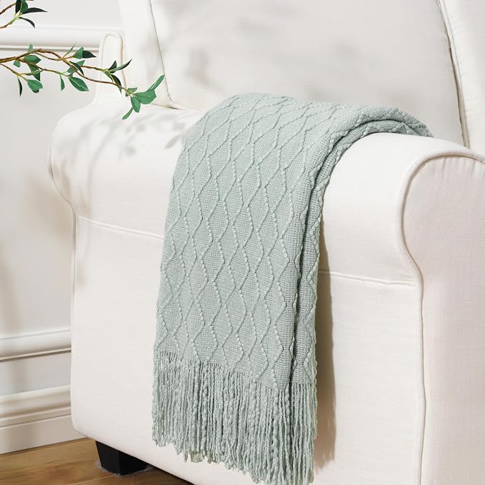 BATTILO HOME Sage Green Throw Blanket for Couch, Light Blue Knit Throw Blanket, Decorative Textured Sage Throw for Home Decor, 50"x60"