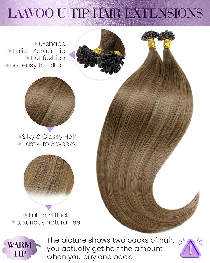LaaVoo Utip Hair Extensions Human Hair Ombre Brown to Light Brown Mix Golden Brown K Tip Hair Extensions Real Human Hair Nail Tip 20 Inch 50g/s