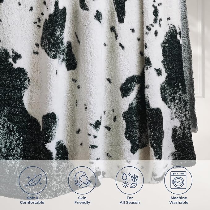 Knit Throw Blanket for Couch, Soft Cozy Fluffy Knitted Blanket for Sofa, Bed, Gift for Women Girls Home Decor (Cow-Black, Twin 60"x80")