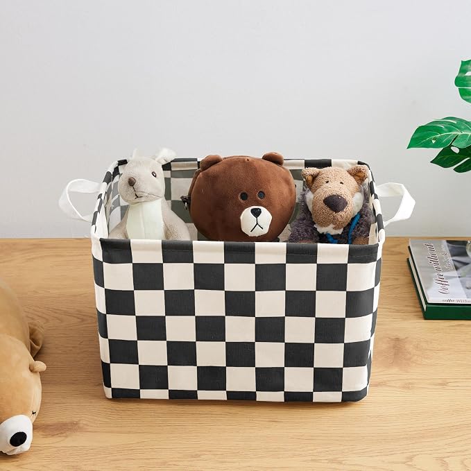Ohocut Beige Black Checkered Canvas Basket, Rectangular Organizing Decorative Storage Basket for Kids Dog Toy, Cute Aesthetic Race Cars Boy Room Decor for Home, Kitchen, Bedroom, Classroom, Shelves