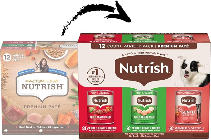Nutrish Paté Variety Pack Wet Dog Food, 13 oz. Can, 12 Pack (Rachael Ray) | Includes 3 Flavors of Real Beef & Pumpkin, Real Chicken & Apple, and Gentle Digestion with Real Chicken, Pumpkin & Salmon