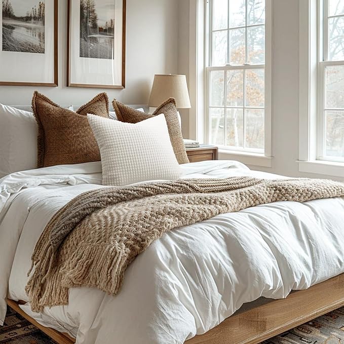 Softalker Corduroy Decorative Throw Pillow Covers 12x20, Set of 2, Cream | Soft Boho Striped Pillow Cases, Couch Fluffy Cushion Covers for Farmhouse Home Decor Bed Living Room