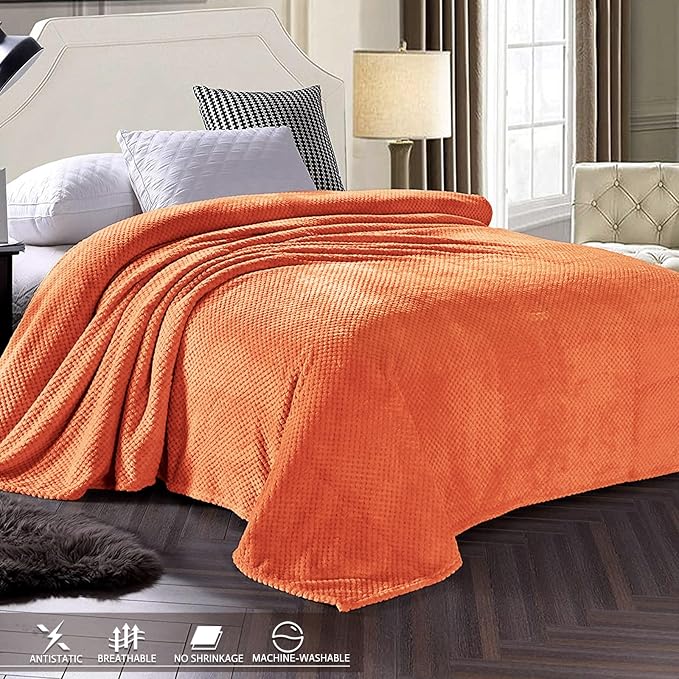 Exclusivo Mezcla Soft Waffle Fleece Bed Blanket King Size, Burnt Orange | Lightweight Plush Blanket for Bed, Bedroom, Cozy Flannel with Waffle Texture, Stylish Home Decor, All Season, 104x90 Inches