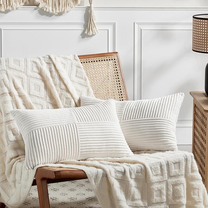 Fancy Homi Cream White Lumbar Decorative Throw Pillow Covers 22x14 Inch for Living Room Couch Bed Sofa, Rustic Farmhouse Boho Home Decor, Soft Striped Corduroy Rectangle Accent Cushion Case 35x55 cm