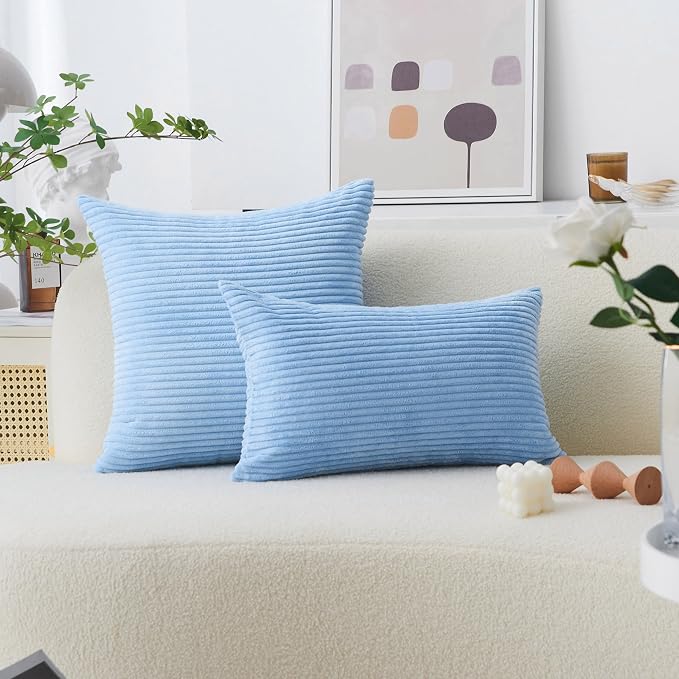 Home Brilliant Blue Throw Pillow for Couch Stripe Velvet Corduroy Euro Sham 24 x 24 Throw Pillow Cover for Sofa, 24 x 24 inch (60cm), Baby Boy Blue