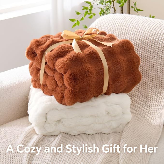BEDELITE Faux Fur Throw Bubble Blanket for Couch, 60" x 80", Burnt Orange | 870GSM Soft Cozy Plush Blanket for Sofa & Bed Living Room Decor, Warm Fuzzy Faux Rabbit Fur for Women Gift, All Season Use