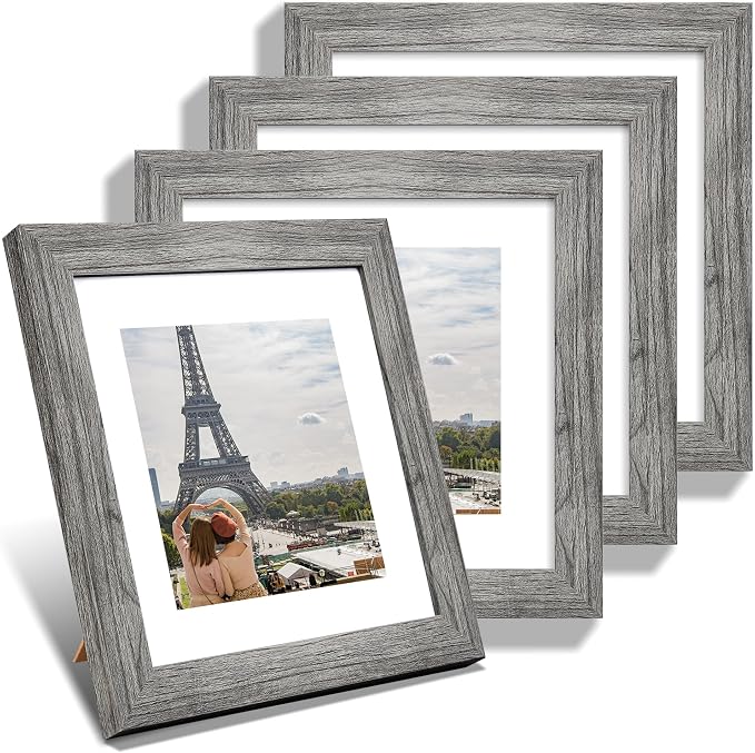 Hongkee 8x8 Picture Frames Set of 4, Made of Glass and Grey Wooden Frame - Display Picture 6x6 with Mat or 8 x 8 Without Mat, 8 by 8 Photo for Wall or Tabletop
