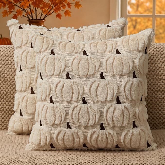 DFXSZ Fall Pillow Covers 24x24 2Pcs Beige Brown Pumpkin Fall Decorations | Fall decor Set of 2 Throw Pillow Cases Soft Plush Faux Fur Wool Couch Cushion for Chair Sofa Bedroom Living Room Home Decor