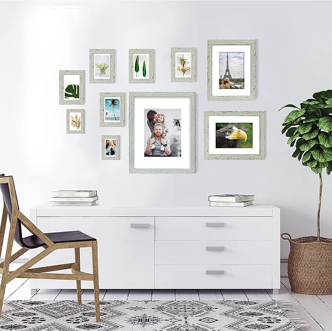 Hongkee 11x14 Picture Frame Set of 4, Made of Real Glass and Sage Green Wooden Frame, Display 8x10 Pictures with Mat or 11 x 14 Posters without Mat for Wall Mounting, Gallery Photo Frames