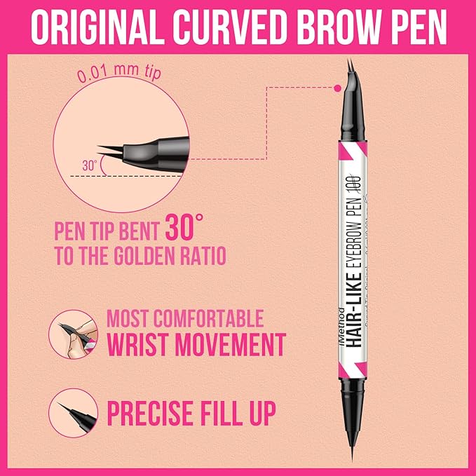 iMethod Curved Eyebrow Pen - 2-in-1 Dual-Ended Eyebrow Pencil with Curved Tip and Precise Brush-Tip, Microblading Pen for Natural Hair-Like Brows, Long Lasting, Light Brown