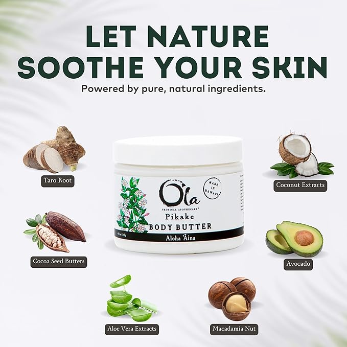 OLA Pikake Body Butter - Nourishing Cream with Organic Coconut Oil, Macadamia Nut and Avocado Butter - Ideal for Dry Skin - 2.1oz
