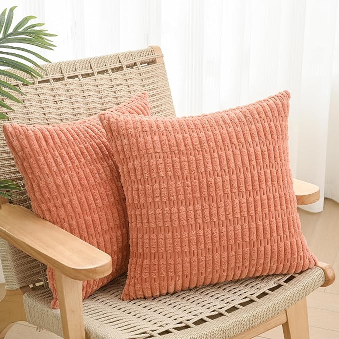 Volcanics Pack of 2 Corduroy Decorative Coral Throw Pillow Covers 18x18 | Soft Striped Square Cushion Cases, Modern Farmhouse Boho Home Decor