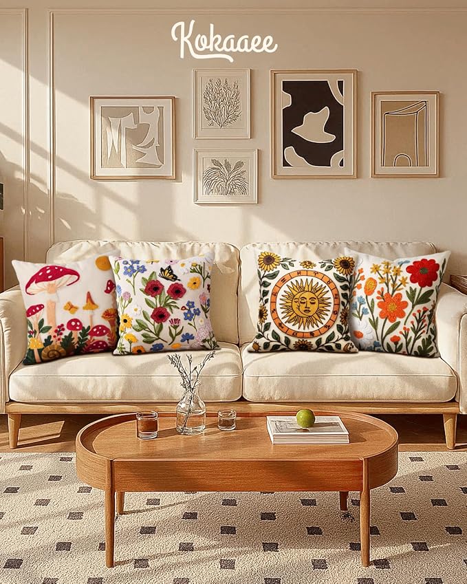 Embroidered Throw Pillow Covers 18x18 Inch, 2Pack, Bird Lemon | Decorative Pillow Covers Set of 2, Farmhouse Cushion Cases with Hidden Zipper, Cottagecore Decor for Couch, Sofa, Living Room