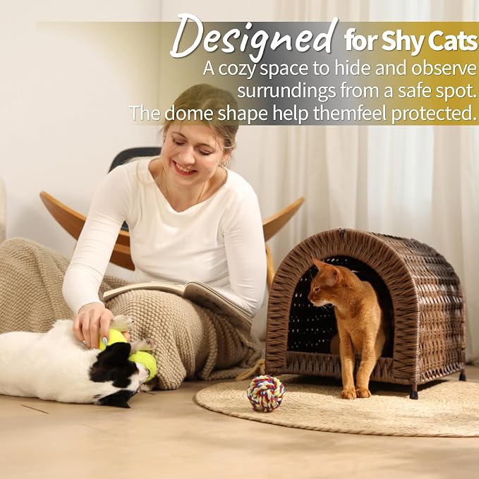 Handwoven Wicker Cat Bed for Cats up to 20 lb, 14.2" H × 14.2" W × 16.5" D | Dome shaped hideaway for cats to feel safe. Woven wicker and raised base for airflow. Natural furniture look. Rinse clean.