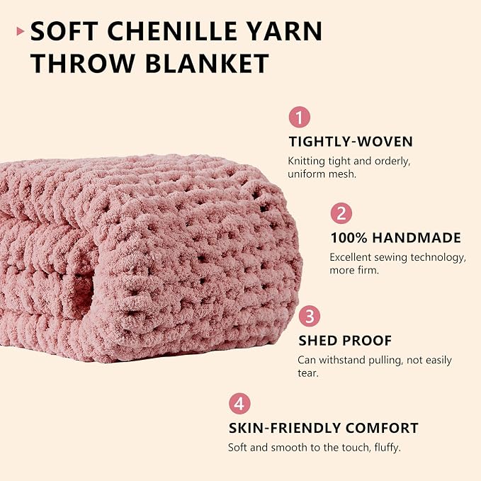 L'AGRATY Chunky Knit Throw Blanket for Couch, 60 x 80 Inches, Rose Pink | Handmade Chenille Crochet Blanket for Sofa Bed, Thick Cable Knitted Blankets for Room Home Decor, Birthday Gift for Women Mom