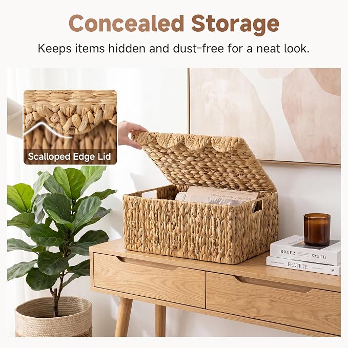 StorageWorks Scalloped Wicker Basket with Lid, Large Water Hyacinth Basket | Rattan Storage Baskets with Scalloped Edge, Basket with Lid Decorative Storage, Woven Wicker Basket for Living Room, Bedroom