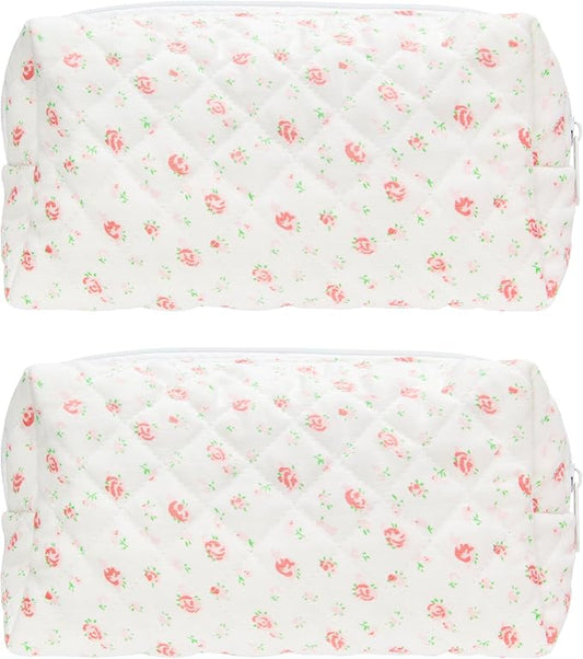 PAZIMIIK Small Quilted Makeup Bag,Zipper Cosmetic Pouch,Gauze Rose,2 Pack | Lightweight Cosmetic Bag Organizer for Women,Purse Storage Holds Makeup,Toiletries,Skincare,Beauty Essentials,Travel Items