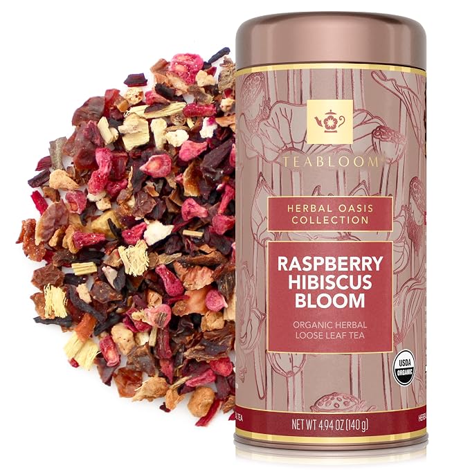 Teabloom Organic Herbal Tea, Raspberry Hibiscus Bloom Loose Leaf Tea, Fragrant and Fruity with Natural Berries, USDA and EU Certified Organic, Fresh Whole Leaf Blend in Reusable Gift Canister, 4.94 oz/140 g Canister Makes 35-50 Cups