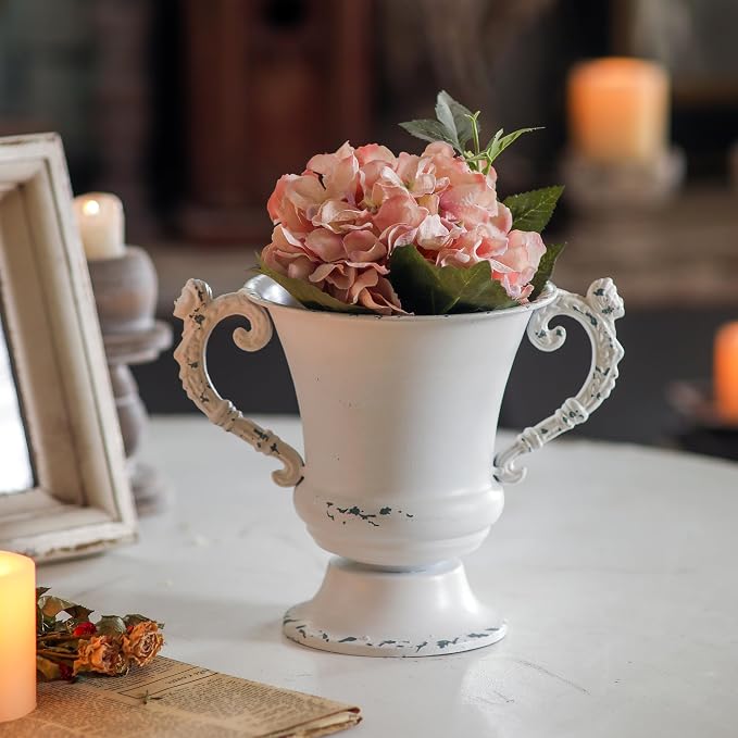 SOFE Distressed White Metal Vase, Decorative Flower Vase 7 Inch Tall | Small Urn Planter for Wedding Home Decor, Ideal Shelf Decor, Living Room Dining Room, Kitchen Office Table Centerpieces