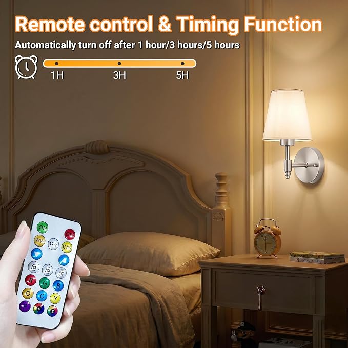 Nekhung Battery Operated Wall Sconce, Peel and Stick Sconces Set of 2 | Wireless Adhesive Stick On Wall Sconce, 10000mAh Rechargeable RGB Bulb with Remote, No Drill Wall Light for Bedroom Decor