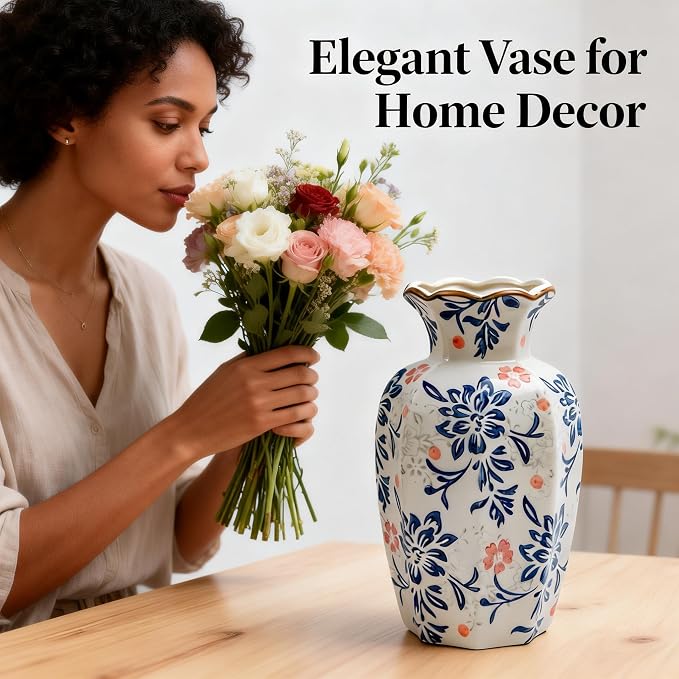 9.4 Inch Tall Ceramic Flower Vase Blue and White - Chinoiserie Decor Vase for Home Decor, Wedding Centerpiece, Gift Idea - Handmade Ceramic Vase for Fresh or Dried Flowers