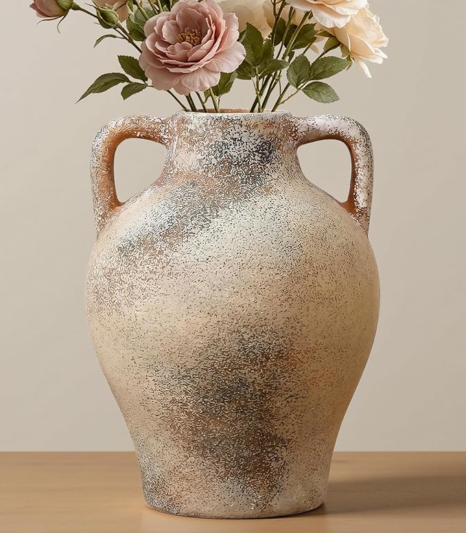Ceramic Flower Vase, 8.7" Rustic Farmhouse Table Vase, Decorative Pottery Vase with Glazed Interior for Fresh Flowers, Eucalyptus, Entryway, Kitchen, Shelf and Bedroom Decor