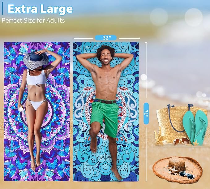4 Pack Microfiber Oversized Lightweight Beach Towel 71"x32" Extra Thin Large Sand Free Towels Travel Swim Pool Yoga Gym for Adults Women Men Beach Essentials Accessories Vacation Gift