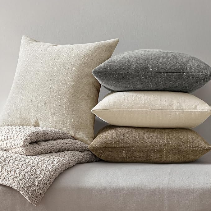 MIULEE Pack of 4 Fall Decorative Throw Pillow Covers 18x18 Inch Chenille Textured Throw Pillows Boho Farmhouse Cushion Covers Vintage Home Decor for Couch Sofa Bed Living Room，Beige Taupe Gray