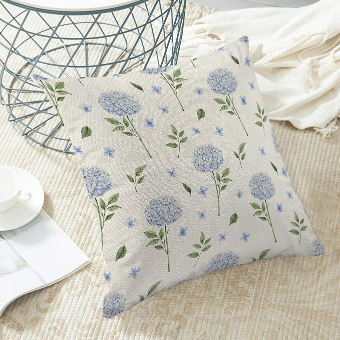 AEIOAE Spring Pillow Covers 18x18 Inch Set of 2, Blue Green Hydrangea Flower Leaves Throw Pillows Case,Floral Summer Outdoor Seasonal Decorative Farmhouse Decor Cushion Covers for Home Sofa Bed Couch