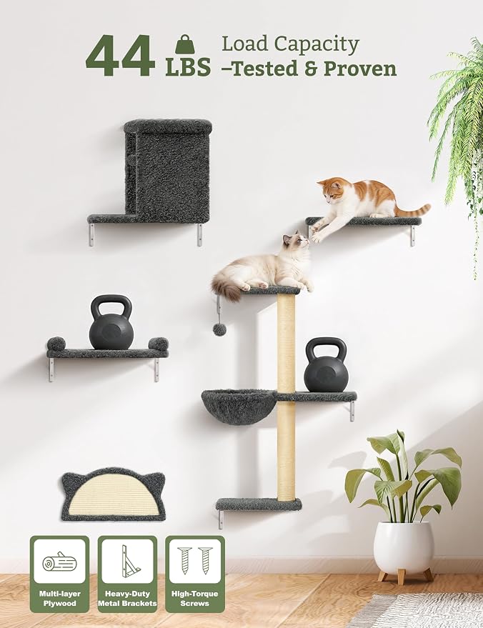 5-in-1 Cat Wall Shelves, Solid Wood Cat Wall Furniture Set for Indoor Cats | 44 lb per Shelf, 72-Hour Load Tested, Pre-Drilled, Fits 16 in. Stud Drywall & Solid Walls, for Small to Medium Cats