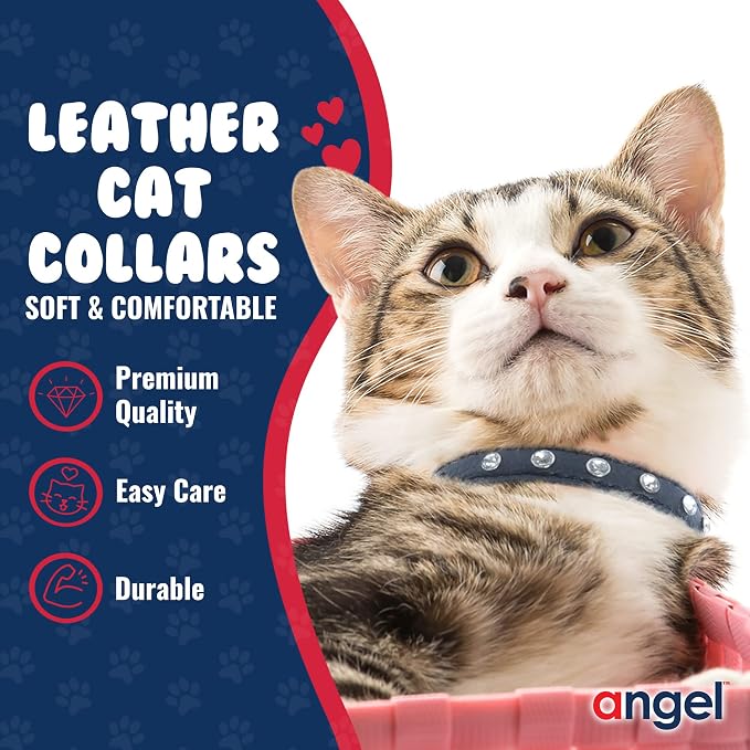 Athens Cat Collar, Leather Kitten Collar w/Rhinestones, Sturdy Breakaway Cat Collar with Bell & Elastic Stretch, Cat Accessories, Midnight Black, 10 x ½ inches - Angel Pet Supplies
